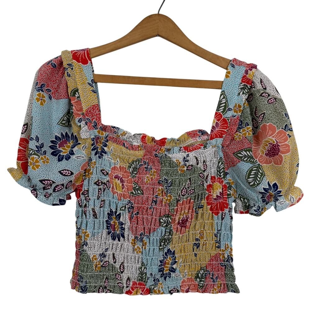 Monteau Los Angeles Women Smocked Floral Top Size Medium Cropped Boho Peasant